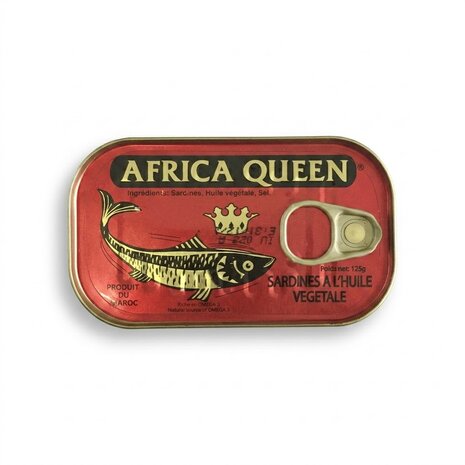 Africa Queen Sardines in Vegetable Oil 125gr &mdash; ingeblikte sardines voor rijst en tomatensaus | Tokoram.nl
