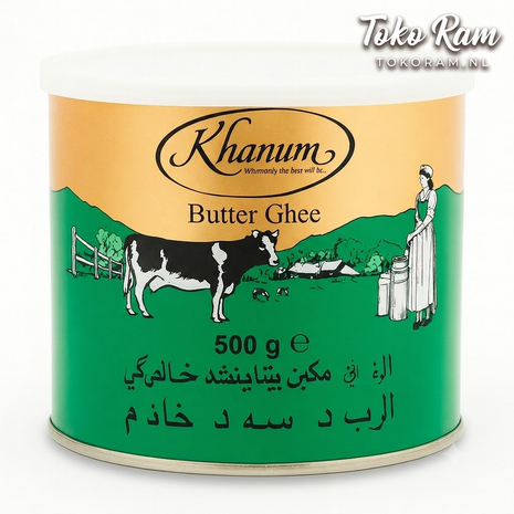 Khanum Butter Ghee 500gr &mdash; goudkleurig geklaarde boter in pot | Tokoram.nl